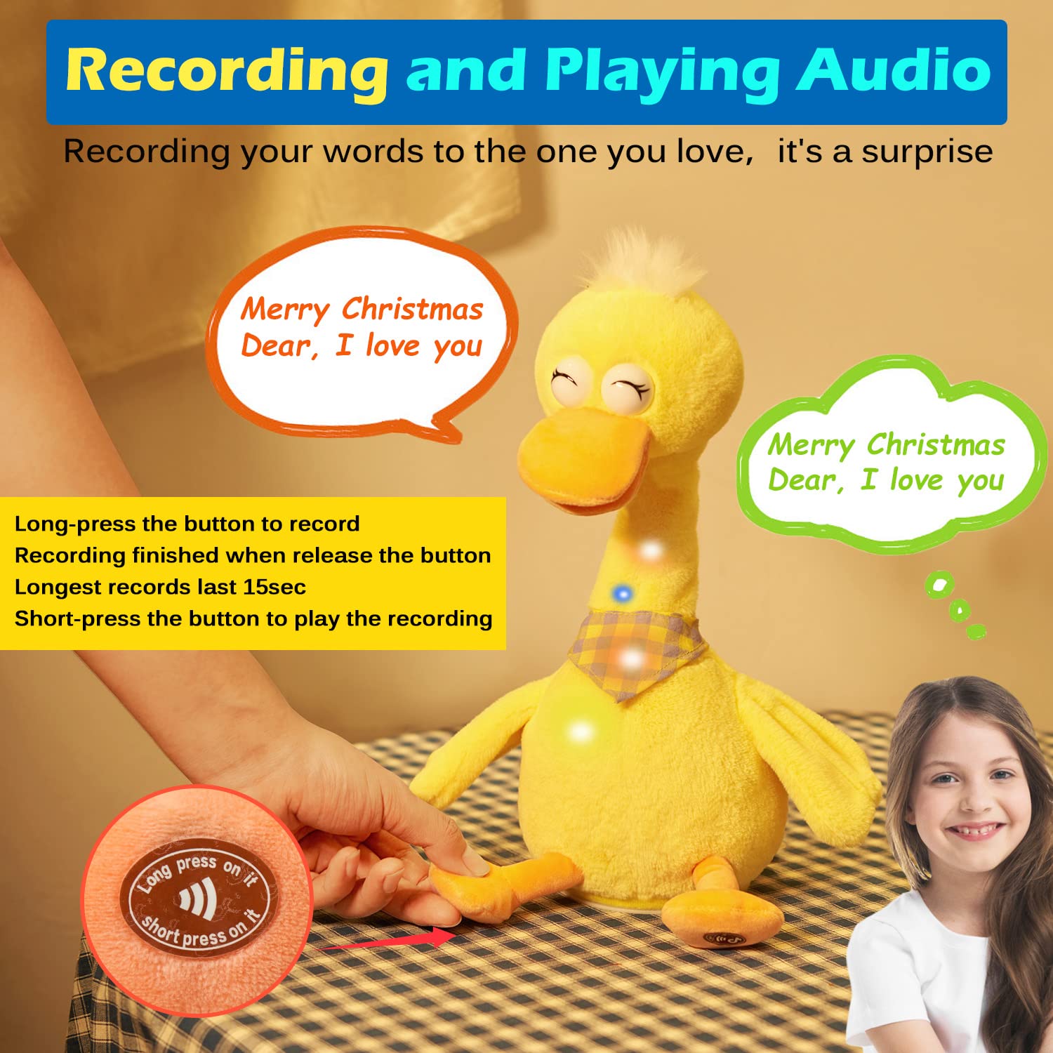 13" Talking Dancing Duck, Repeating What You Say Mimicking Recording Plush Baby Toy Musical English Song Singing Talking Glowing Animated Twisting Gift of Lighting Up Toy for Boy Kid