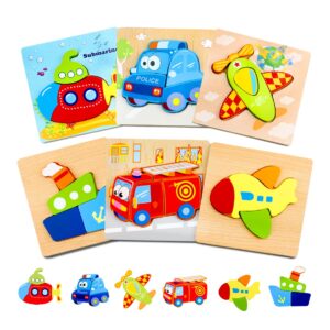 Toddler Toys Wooden Puzzles for Toddlers 1 2 3 Year Old Boys Girls Montessori Toys 6 Packs Vehicle Shape Jigsaw Puzzles Sensory Toys for Toddlers 1-3 Baby Infant Educational Learning STEM Toys Gifts