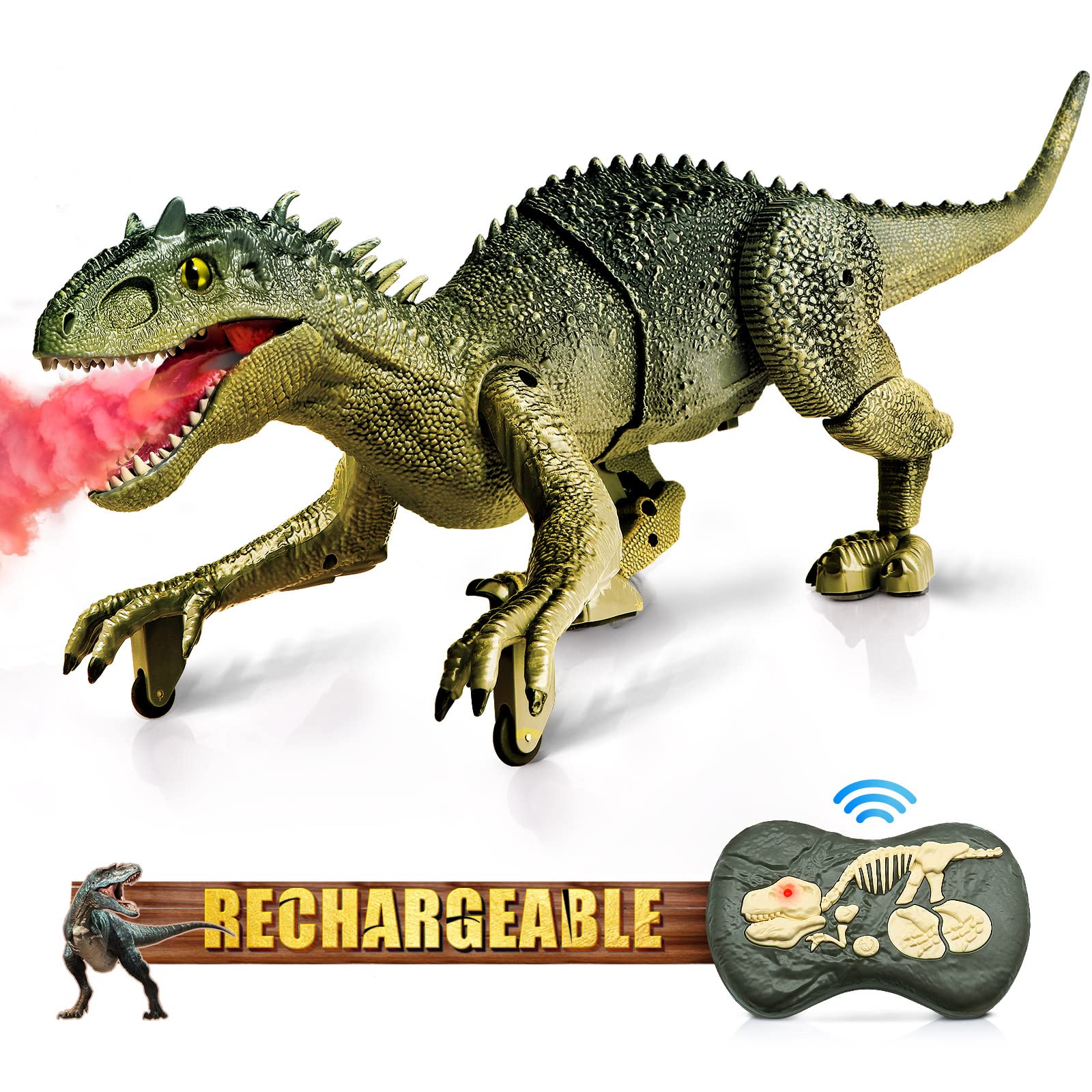 Hot Bee Remote Dinosaur Toy -18.6in Action Dinosaur Rex Toys w/Simulated Flame Spray, Chomping Mouth, Light and Roaring Sounds, Electric Robot Walking Dinosaur