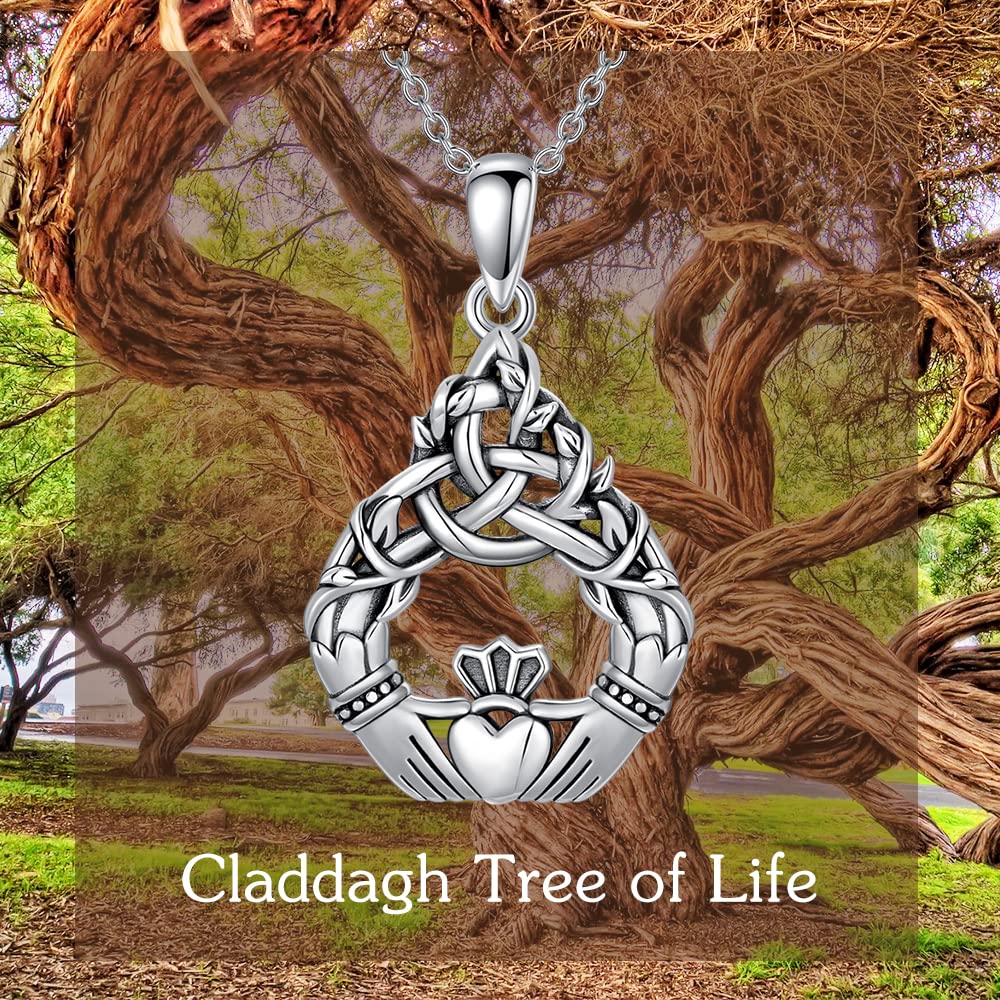 POTOPYY Celtic Claddagh Tree of Life Necklace 925 Sterling Silver Claddagh Celtic Pendant Necklace Tree of Life Necklace Jewelry for Women Men Mom Christmas Anniversary Mothers Day, 18+2 Inch