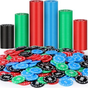 Jerify 200 Pcs Poker Chip Set Numbers Printed Plastic Poker Chips with Denominations Blue Green Red Black Game Chips Clear Poker Chip Holder Poker Chip Tray for Adults Home Play Party Game, 2 Boxes