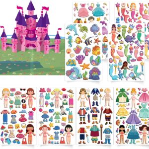 Kids Puffy Stickers - 3D Reusable Stickers Activity Pad with Pop Up Castle, 320+ Stickers with 3 Scenes, Dress-up Princess, Mermaid, Fashion Show. Travel Toys for Kids, Fold and Go Sticker Pad.