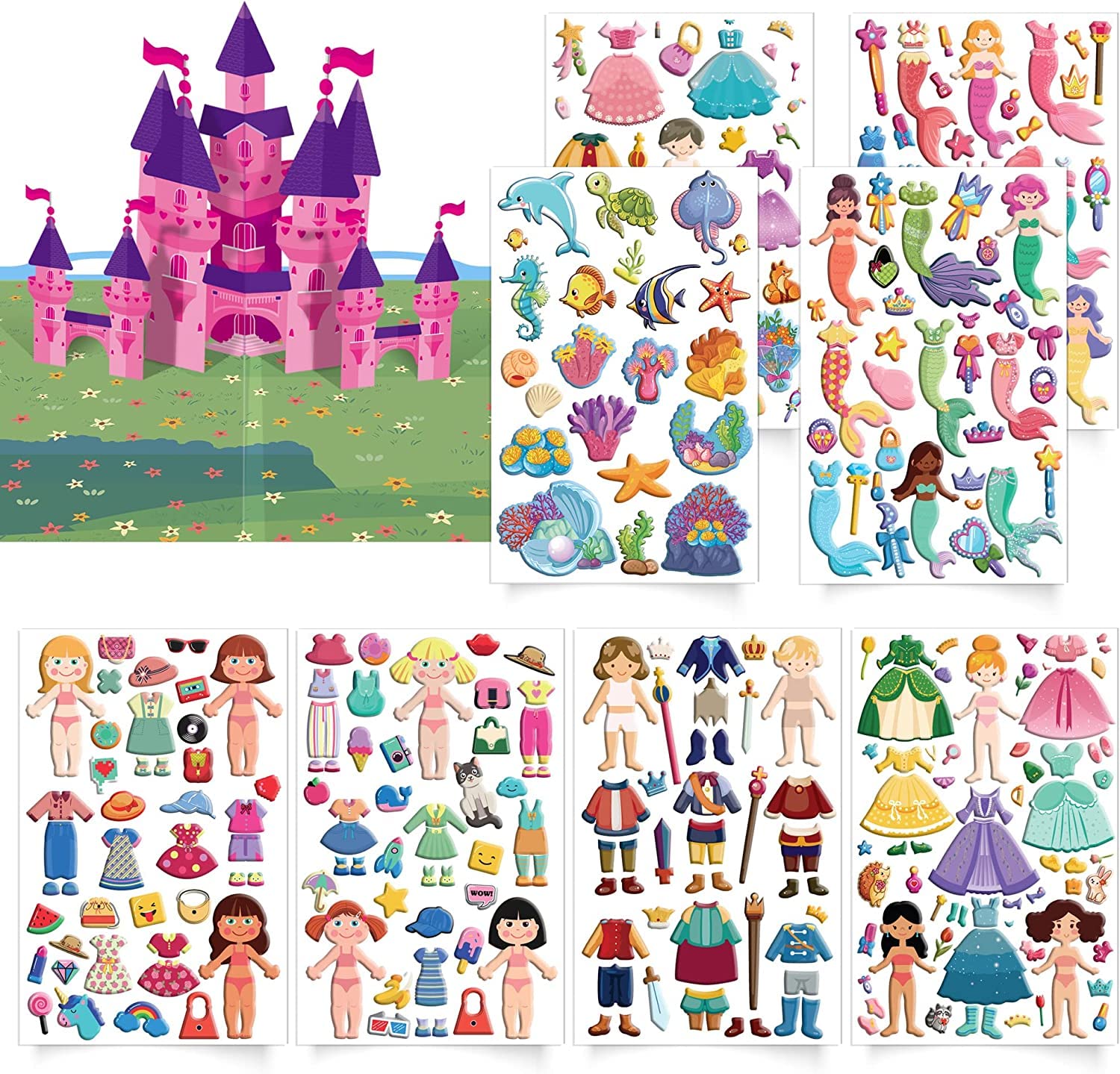 Kids Puffy Stickers - 3D Reusable Stickers Activity Pad with Pop Up Castle, 320+ Stickers with 3 Scenes, Dress-up Princess, Mermaid, Fashion Show. Travel Toys for Kids, Fold and Go Sticker Pad.