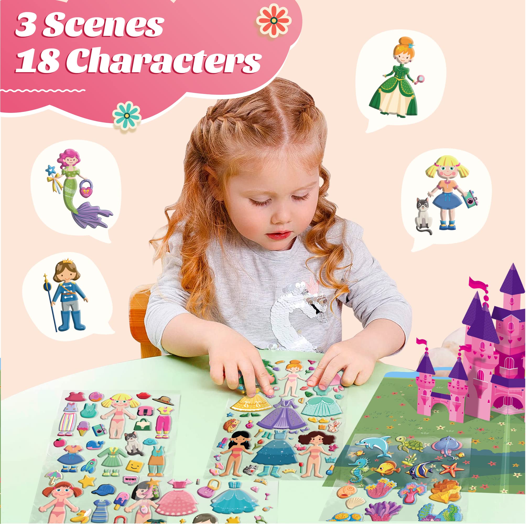 Kids Puffy Stickers - 3D Reusable Stickers Activity Pad with Pop Up Castle, 320+ Stickers with 3 Scenes, Dress-up Princess, Mermaid, Fashion Show. Travel Toys for Kids, Fold and Go Sticker Pad.