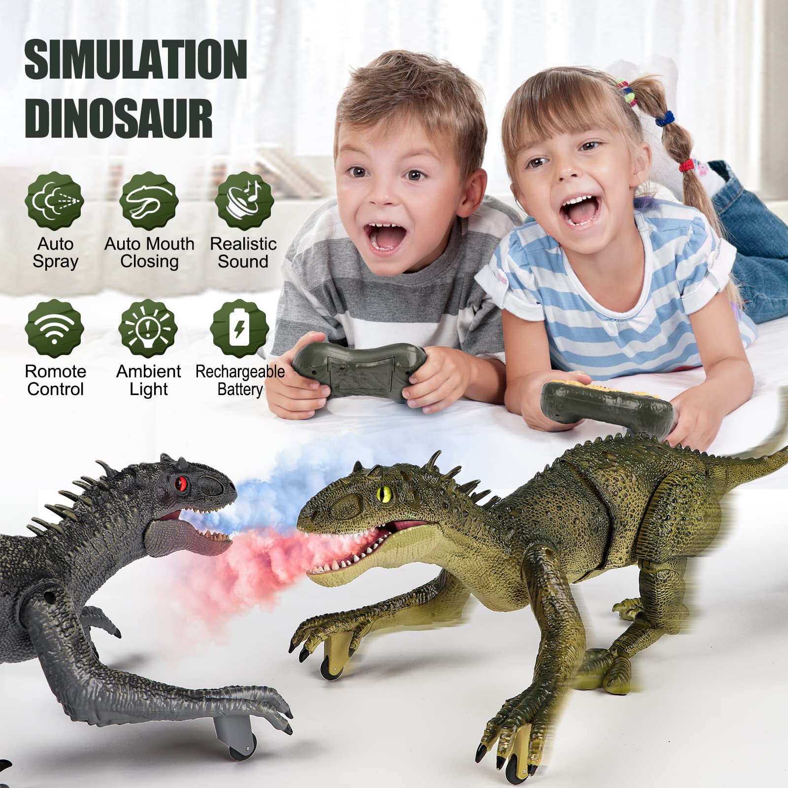 Hot Bee Remote Dinosaur Toy -18.6in Action Dinosaur Rex Toys w/Simulated Flame Spray, Chomping Mouth, Light and Roaring Sounds, Electric Robot Walking Dinosaur