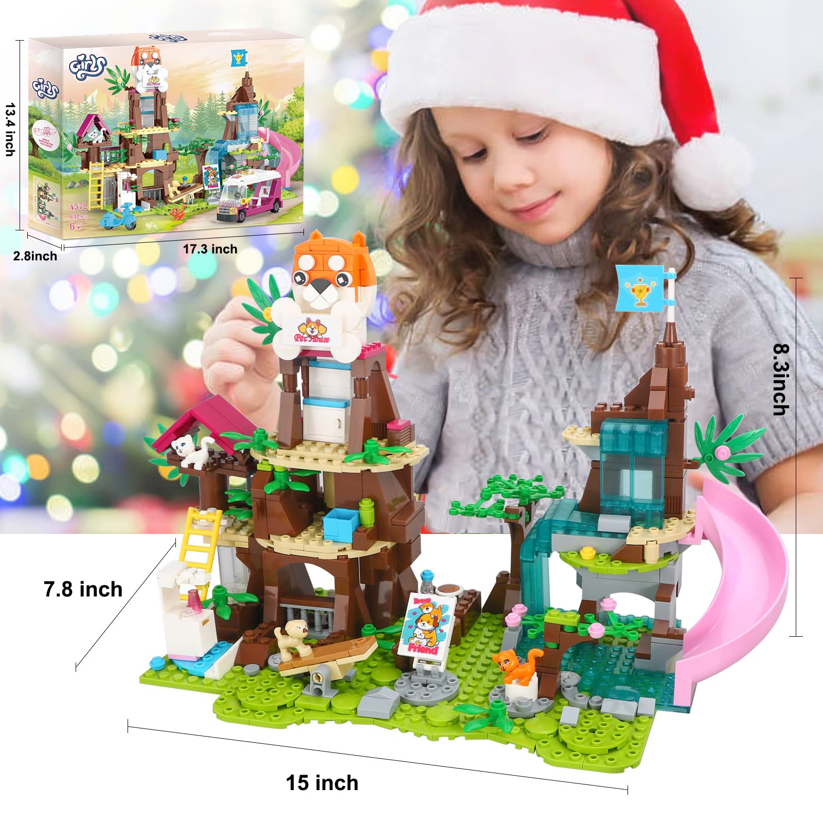 BRICK STORY Friends Jungle Tree House Pet Building Blocks, Doggy Daycare Playground with Slide, Animal Rescue Set Includes 2 Puppy and 2 Cat Toys, Gift for Kids Aged 6-12, 632 Pieces