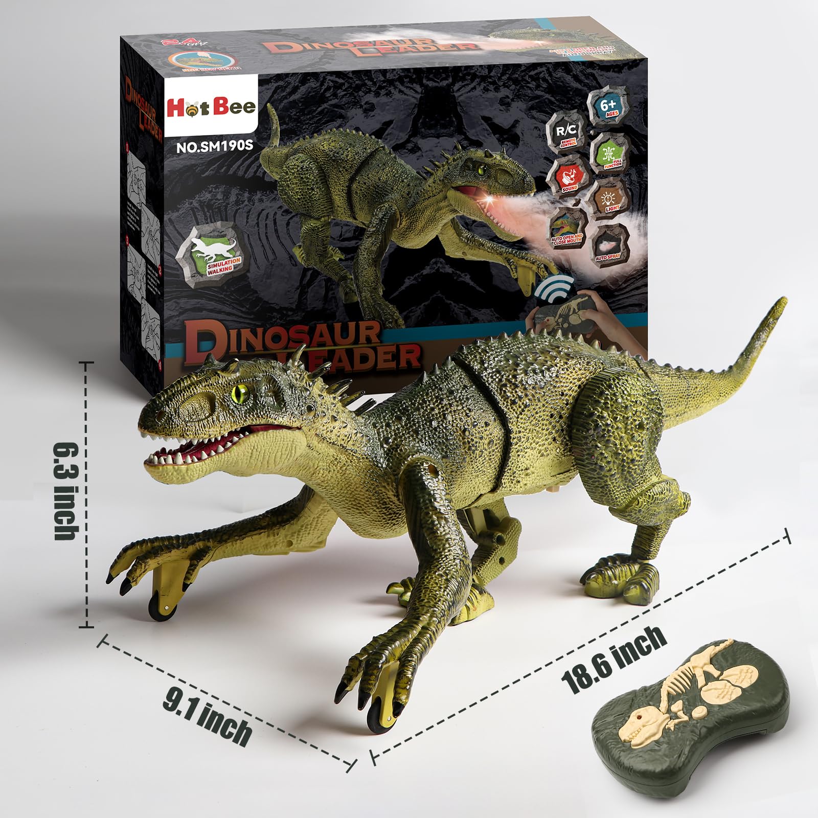 Hot Bee Remote Dinosaur Toy -18.6in Action Dinosaur Rex Toys w/Simulated Flame Spray, Chomping Mouth, Light and Roaring Sounds, Electric Robot Walking Dinosaur