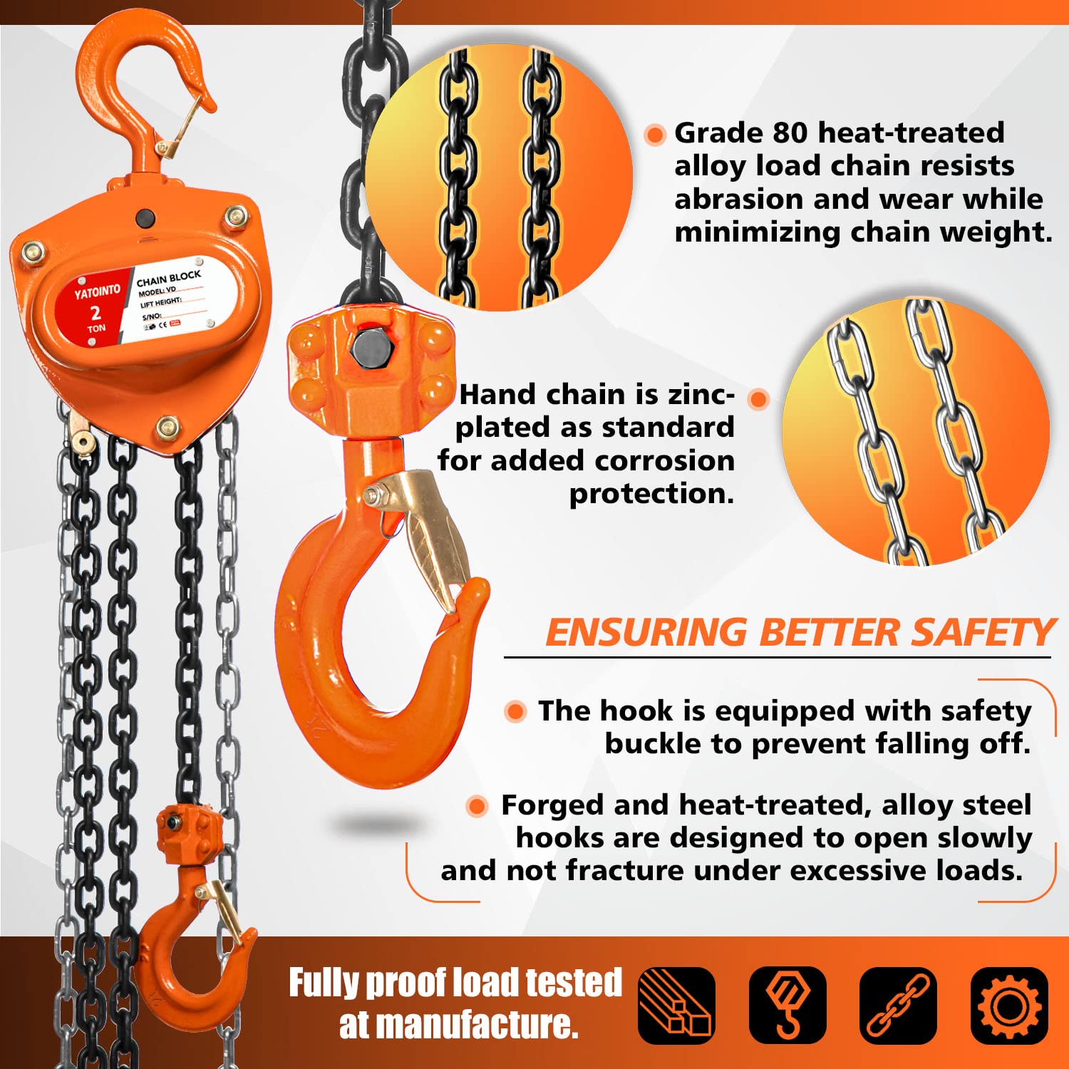 YATOINTO Chain Hoist 2 Ton(4400Lbs) Capacity 10FT Manual Hand Lift Steel Chain Block Hoist with 2 Heavy Duty Hooks Industrial Grade Steel Structures for Garages Automotive Machinery (2 Ton (4400lb))