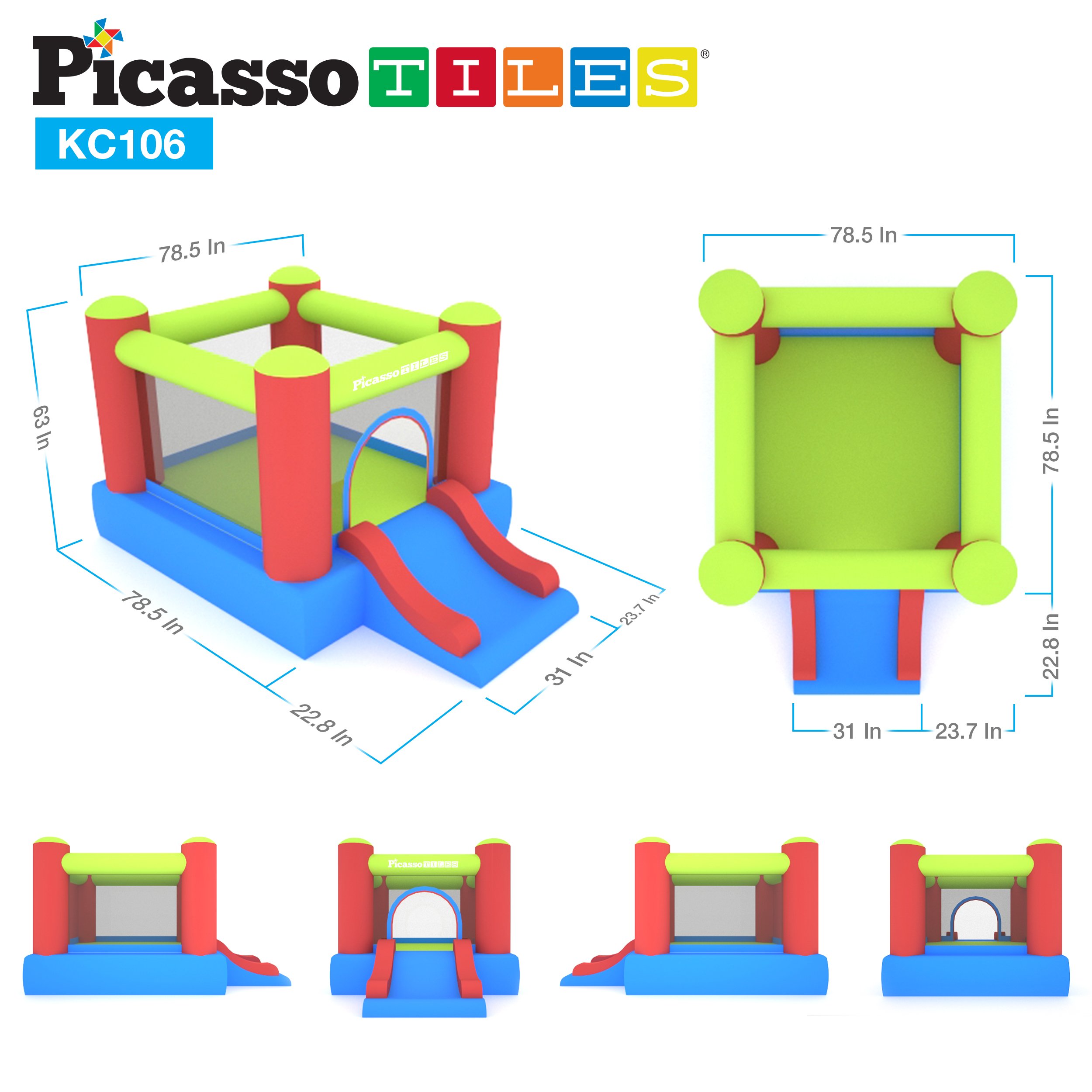 PicassoTiles Inflatable Bouncer House KC106 + KC108, Jump Slide Playhouse w/ 50 Pit Balls, 3 Sides Mesh Protection, Water Slide Park w/Pool Area, Climbing Wall, Shower Head Sprays Mount, Water Cannon