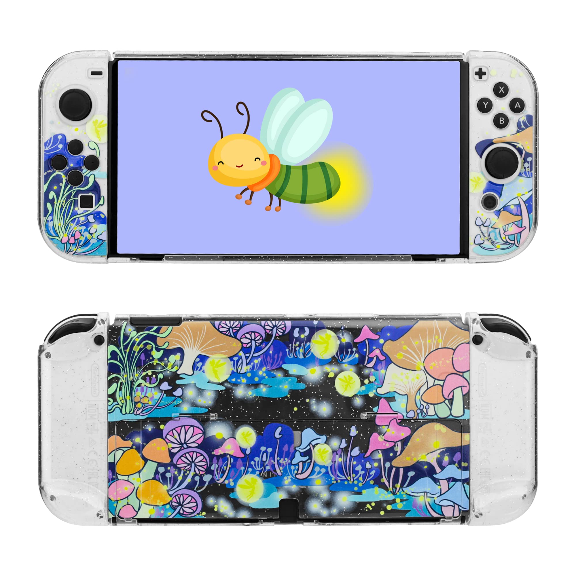 GLDRAM Glitter Clear Case Compatible with Nintendo Switch OLED, Anti-Scratch PC Protective Skin Cover, Flash Shiny Switch OLED Shell Accessories with Fireflies & Mushroom Pattern