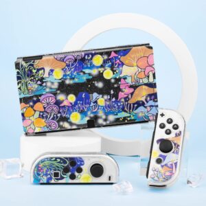 GLDRAM Glitter Clear Case Compatible with Nintendo Switch OLED, Anti-Scratch PC Protective Skin Cover, Flash Shiny Switch OLED Shell Accessories with Fireflies & Mushroom Pattern