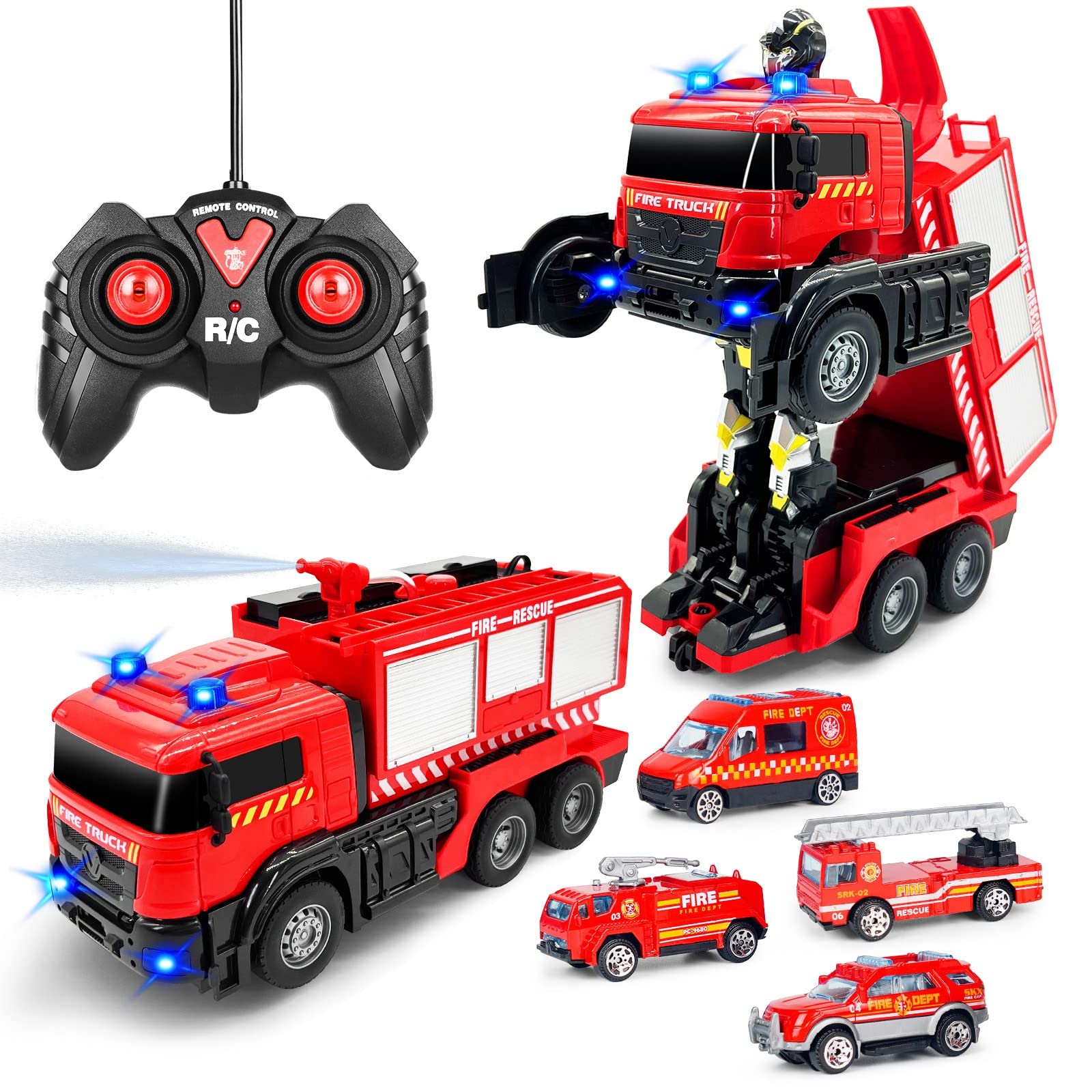 Remote Control Fire Truck With Led Sounds,RC Fire Truck Car Toy With 3pcs Small Firetrucks 10pcs Roadblock Models, One Button Press Spraying Water Transformer Fire Truck Toys For Kids Toddlers Boys