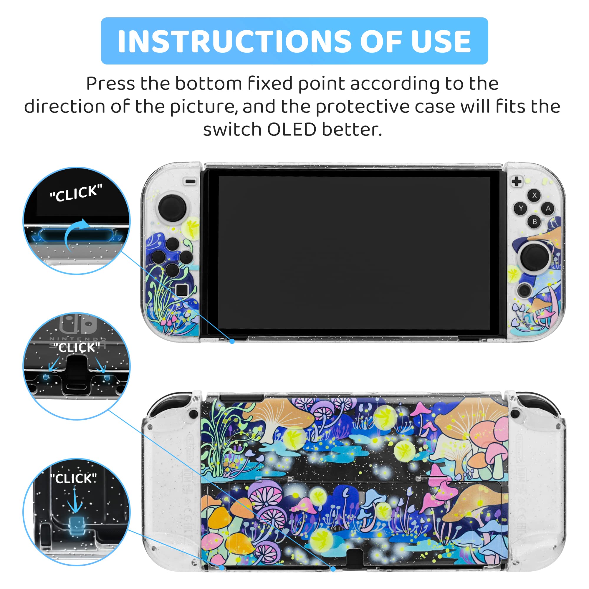 GLDRAM Glitter Clear Case Compatible with Nintendo Switch OLED, Anti-Scratch PC Protective Skin Cover, Flash Shiny Switch OLED Shell Accessories with Fireflies & Mushroom Pattern