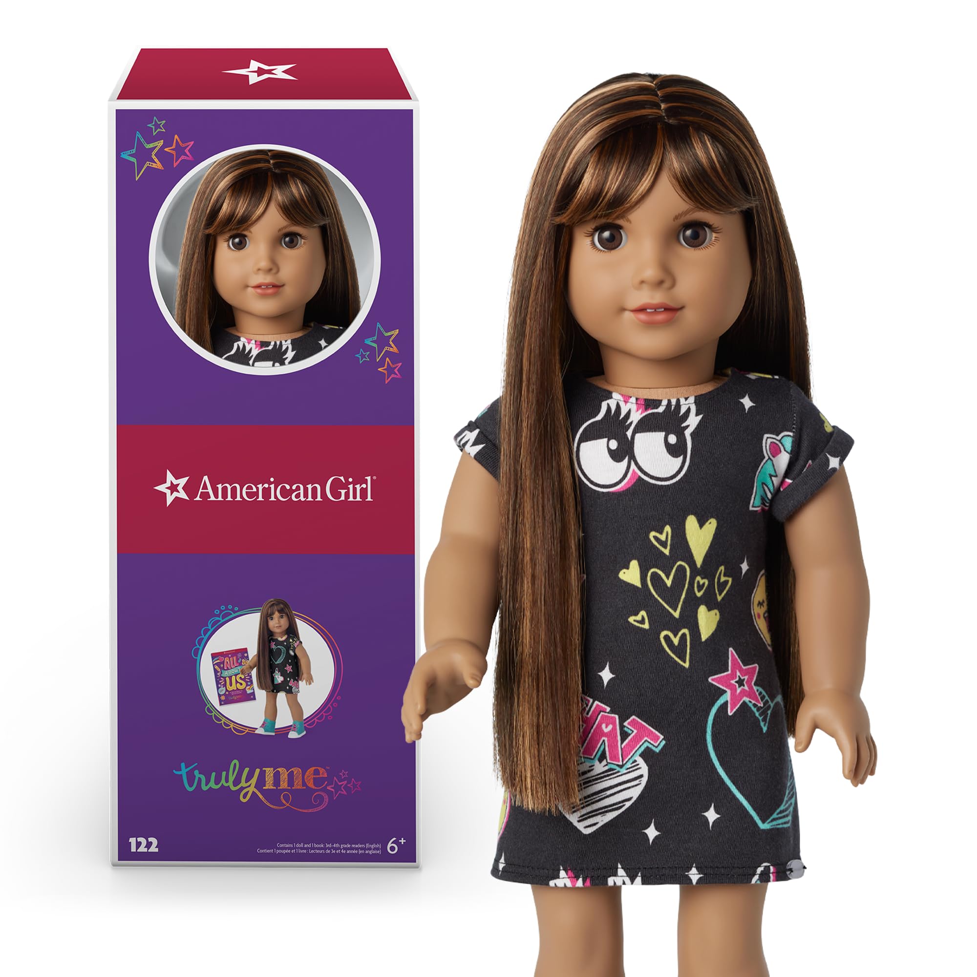 American Girl Truly Me 18-inch Doll #122 with Brown Eyes, Dark-Brown Hair w/Highlights, Tan Skin, T-shirt Dress, For Ages 6+