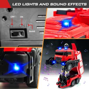 Remote Control Fire Truck With Led Sounds,RC Fire Truck Car Toy With 3pcs Small Firetrucks 10pcs Roadblock Models, One Button Press Spraying Water Transformer Fire Truck Toys For Kids Toddlers Boys