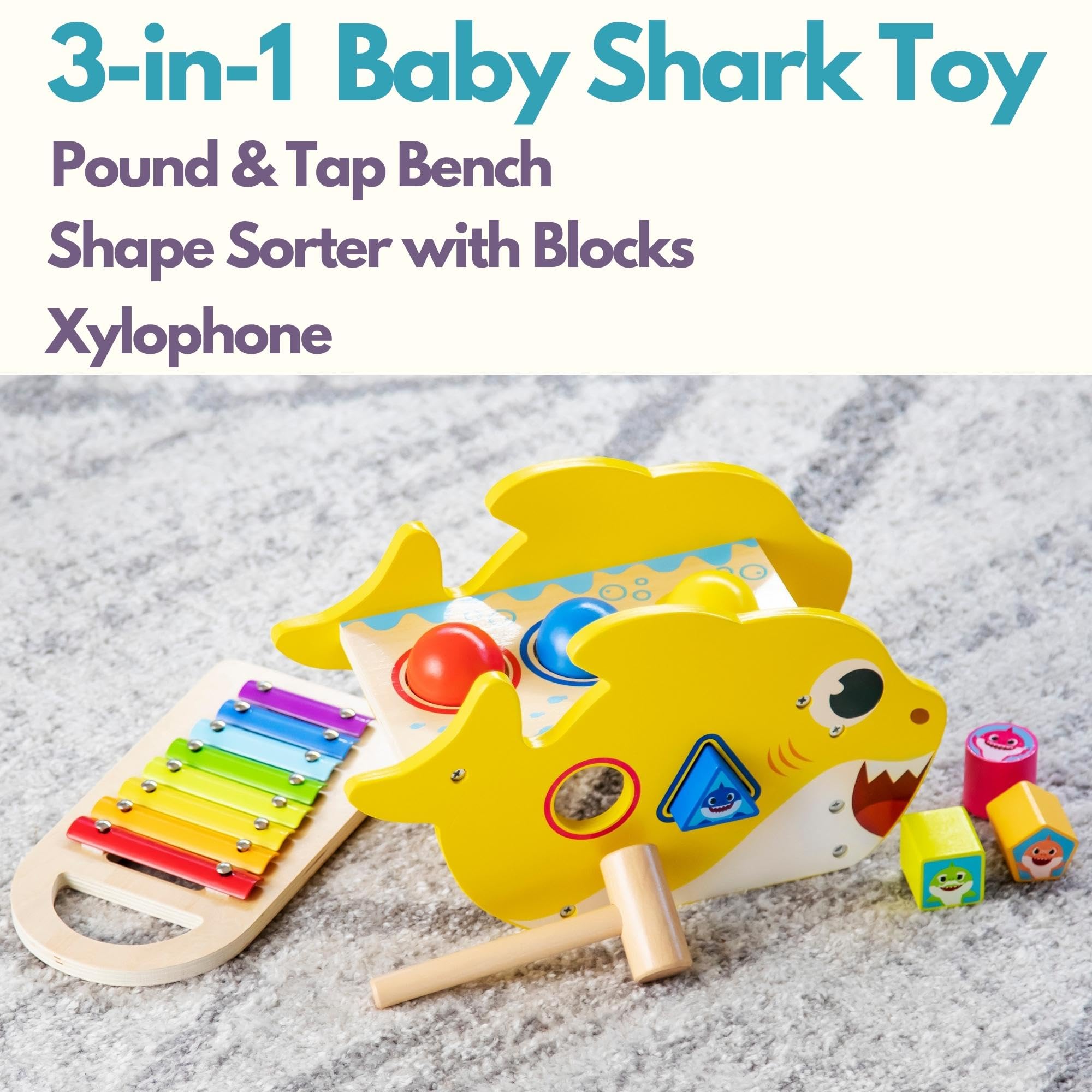 Pidoko Kids Baby Shark Toys for 1 Year Old - Montessori Learning, Hammering & Pounding Toy - Birthday Gifts for Toddlers Boys & Girls - Xylophone & Shape Sorter Blocks