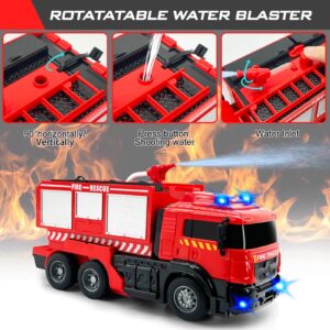 Remote Control Fire Truck With Led Sounds,RC Fire Truck Car Toy With 3pcs Small Firetrucks 10pcs Roadblock Models, One Button Press Spraying Water Transformer Fire Truck Toys For Kids Toddlers Boys