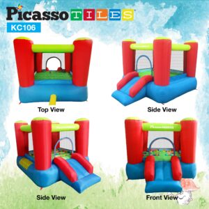 PicassoTiles Inflatable Bouncer House KC106 + KC108, Jump Slide Playhouse w/ 50 Pit Balls, 3 Sides Mesh Protection, Water Slide Park w/Pool Area, Climbing Wall, Shower Head Sprays Mount, Water Cannon