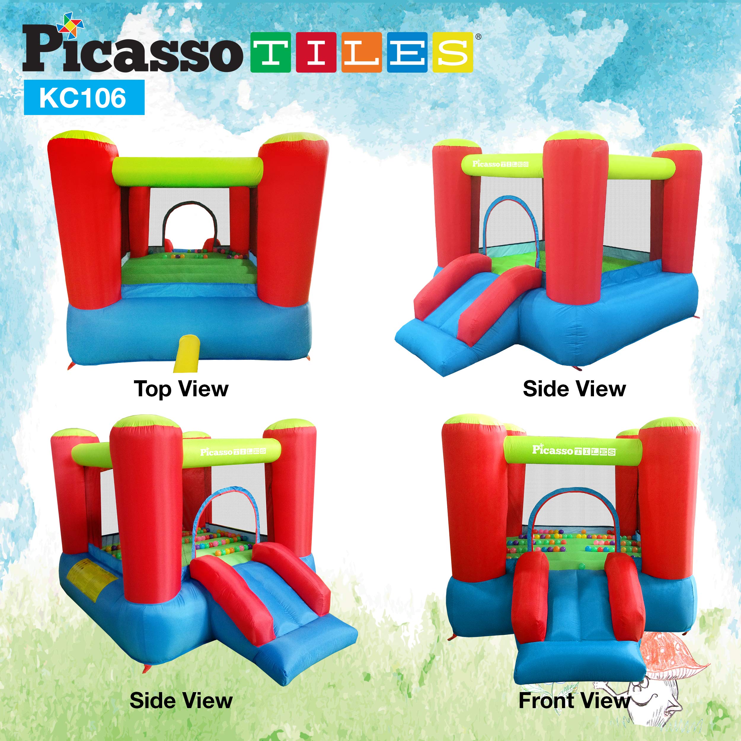 PicassoTiles Inflatable Bouncer House KC106 + KC108, Jump Slide Playhouse w/ 50 Pit Balls, 3 Sides Mesh Protection, Water Slide Park w/Pool Area, Climbing Wall, Shower Head Sprays Mount, Water Cannon