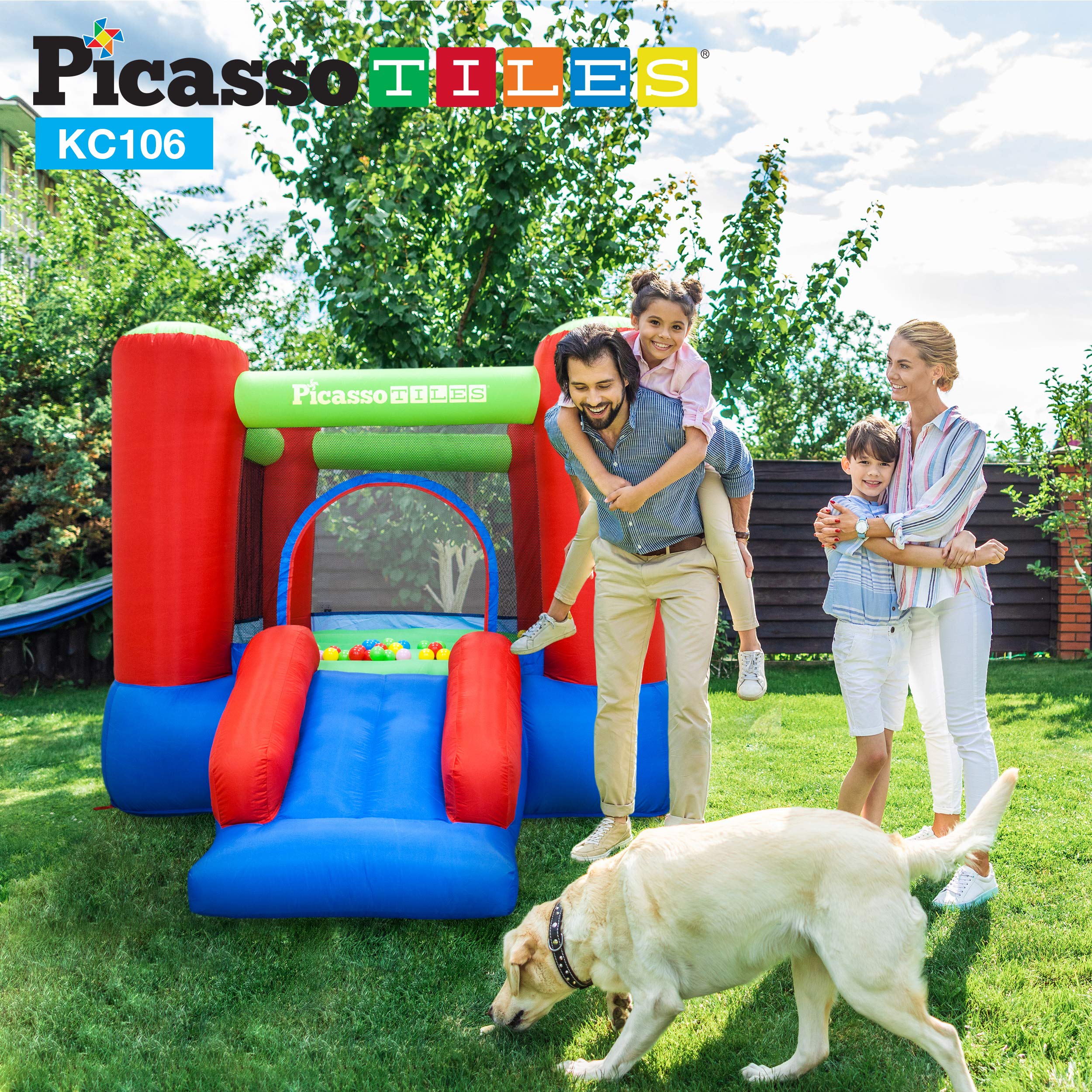 PicassoTiles Inflatable Bouncer House KC106 + KC108, Jump Slide Playhouse w/ 50 Pit Balls, 3 Sides Mesh Protection, Water Slide Park w/Pool Area, Climbing Wall, Shower Head Sprays Mount, Water Cannon