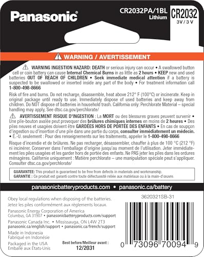 Panasonic CR2032 3.0 Volt Long Lasting Lithium Coin Cell Batteries in Child Resistant, Standards Based Packaging, 1-Battery Pack