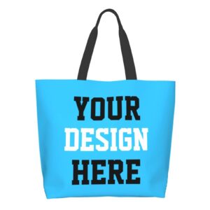 Custom Tote Bags With You Team Logo Text Picture Personalized Tote Bag Travel Business Shopping Women Teacher Blue Personalized Shoulder Bag, One Size