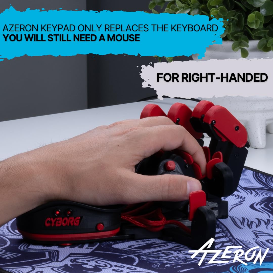 AZERON Cyborg Gaming Keypad – Programmable One Handed Gaming Keyboard for PC Gaming – with Analog Thumbstick and 29 Programmable Keys – 3D Printed Customized Keypad – for Righties (Red)