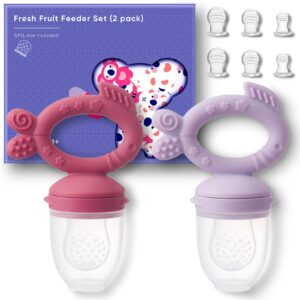 baby fruit feeder pacifier - baby teething toys for 0-6 6-12 months, baby teethers for teething relief, silicone fresh food feeder for safe infant self feeding, baby essentials (2 pack)