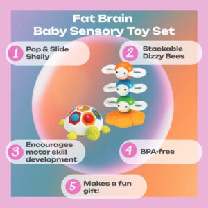 Fat Brain Baby Sensory Toys, Dizzy Bees Magnetic Stacking Toy, Pop & Slide Shelly Turtle Toy Bundle with Storage Bag, Toddler Learning Fine Motor Toys, BPA Free