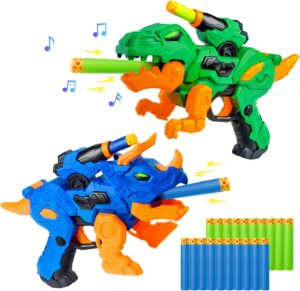 2 pack dinosaur blasters guns toy for boys- gun set for kids age 3-10 years party supplies for nerf gun with 20 foam darts birthday dinosaur toys for kids