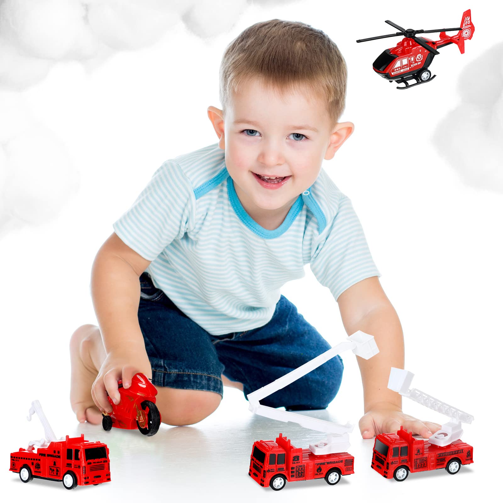 50 Pack Mini Fire Trucks Toy Bulk Firetruck Birthday Party Favor Red Vehicle Helicopter Motorcycle Party Supplies Cake Decoration and Bag Filler Gift for Kids Toddler over 6 Years, 7 Styles