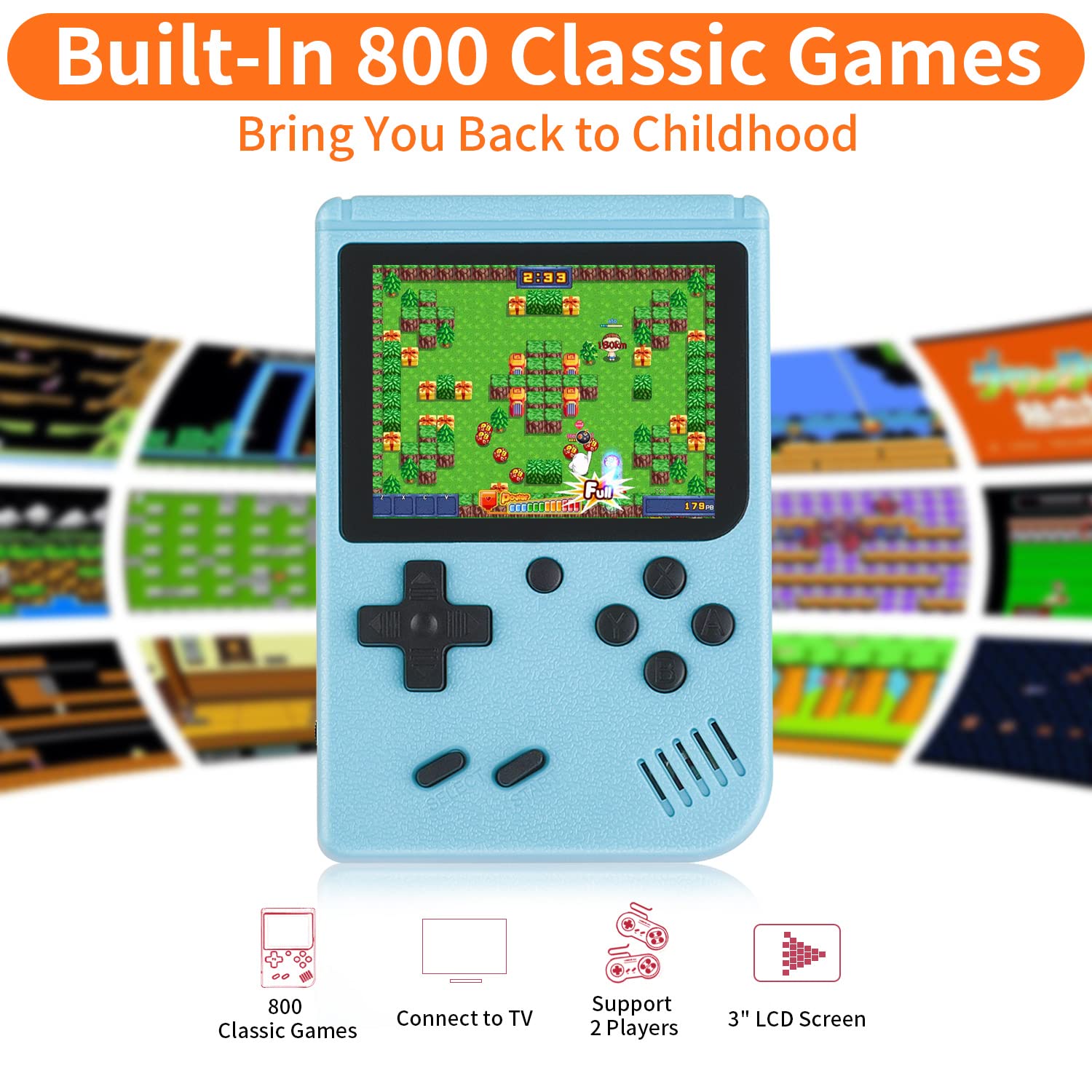 Handheld Game Console, 500 Classic FC Retro Game with 3.0" LCD Screen, Portable Video Games, 1200mAh Rechargeable Battery, Support to Connect TV & 2 Players