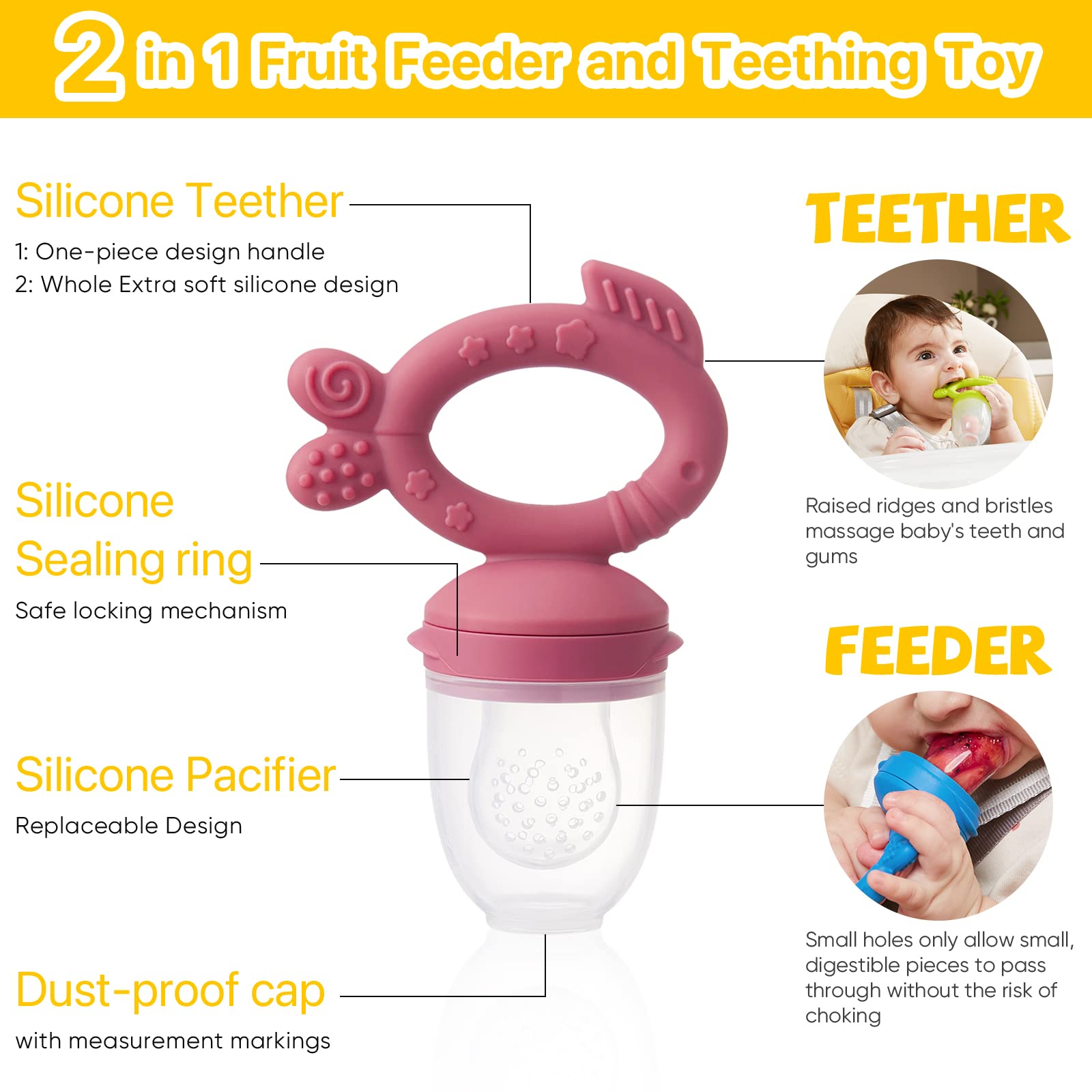 Baby Fruit Feeder Pacifier - Baby Teething Toys for 0-6 6-12 Months, Baby Teethers for Teething Relief, Silicone Fresh Food Feeder for Safe Infant Self Feeding, Baby Essentials (2 Pack)