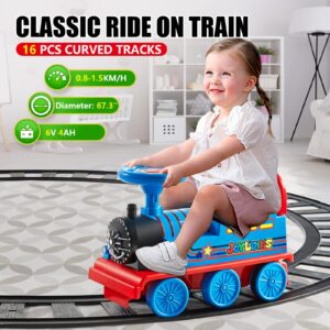 JOYLDIAS Ride On Train with 16pcs Curved Tracks, 6V Electric Ride On Toy Trains with Lights, Horns, Storage, Retractable Foot Pedals, Gift for Toddlers Under 39 inches, Blue