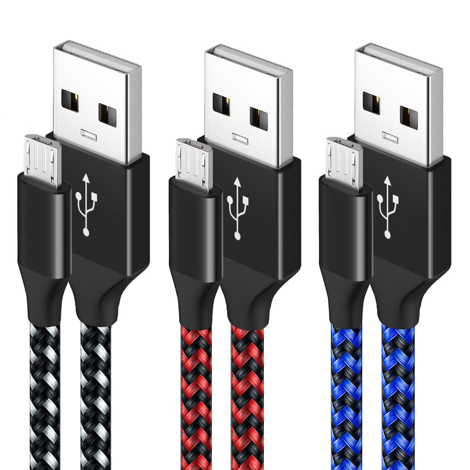 ZOMTOP[3 Pack 10FT PS4 Controller Charger Charging Cable Nylon Braided Micro USB High Speed Data Sync Cord Compatible with Playstation 4,PS4,Xbox One S/X Controller, Android Phones (White&Red&Blue)