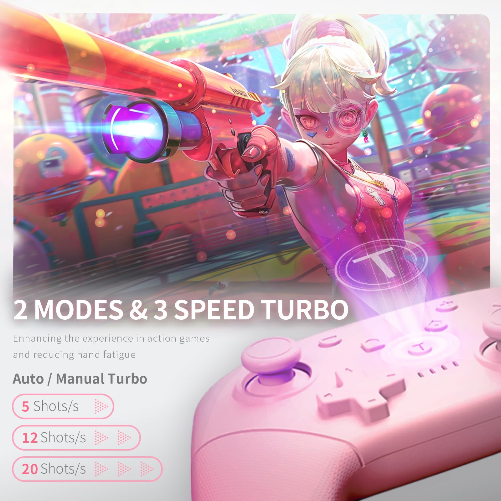 GAME'NIR CHERRY BLOSSOM PINK Wireless Switch Controller, Ergonomic Switch Pro Controller for Switch/Switch Lite/Switch OLED with Dual Motor, Gyro Axis, Turbo Function, 5 Level Vibration