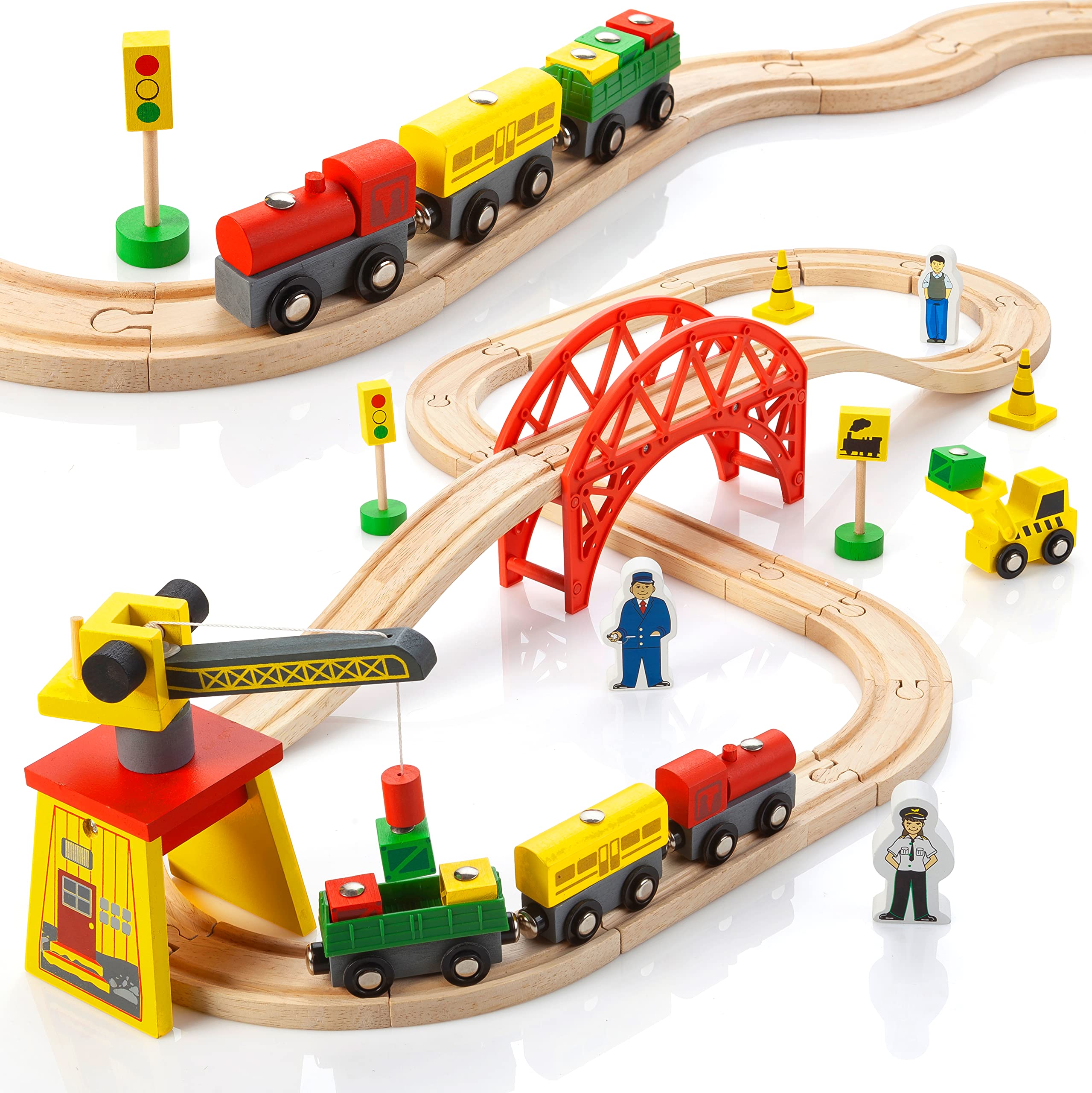 KipiPol Wooden Train Sets for Boys 2-4-7 – 38 Pcs Wood Train Set for Toddlers w/Crane, Bridge & Wooden Train Tracks – Train Toys for 3 Year Old Boys & Girls – Fits Thomas Brio IKEA Melissa and Doug