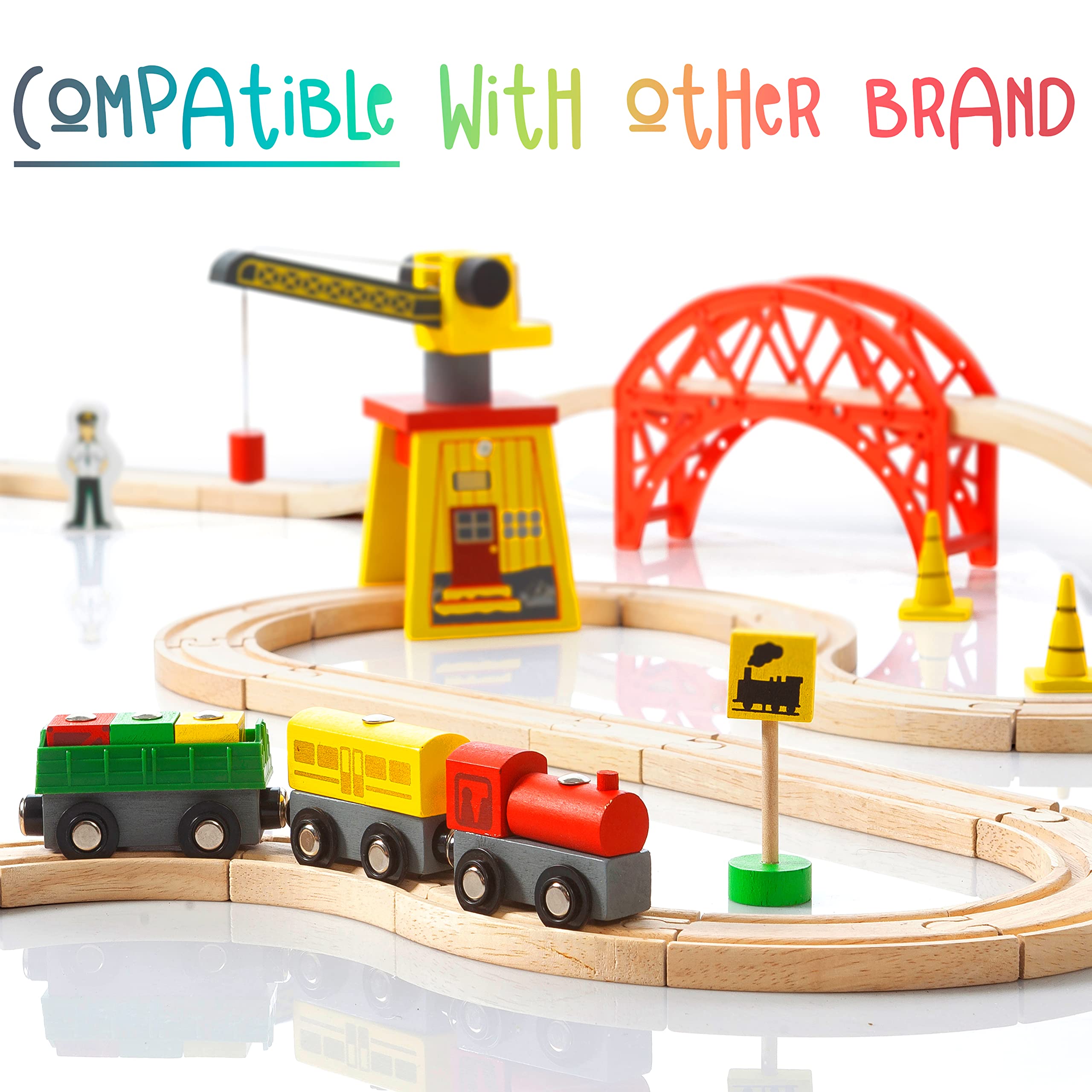 KipiPol Wooden Train Sets for Boys 2-4-7 – 38 Pcs Wood Train Set for Toddlers w/Crane, Bridge & Wooden Train Tracks – Train Toys for 3 Year Old Boys & Girls – Fits Thomas Brio IKEA Melissa and Doug