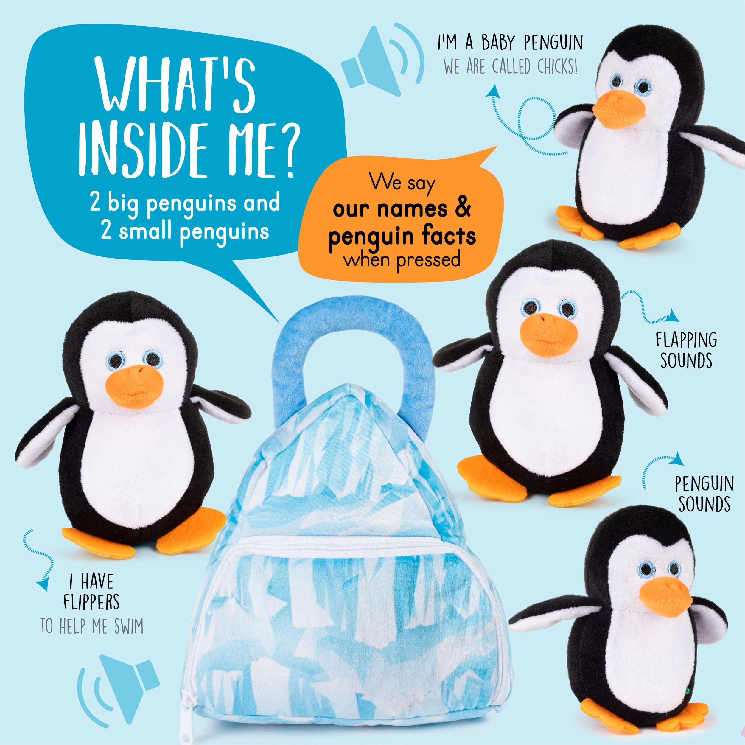 Talking Penguins Plush Toy Set | Includes 4 Talking Soft Plush Penguins with A Plush Glacier Shaped Carrier | Talking Animal Toys | Great Gift for Baby and Toddler Boys or Girls