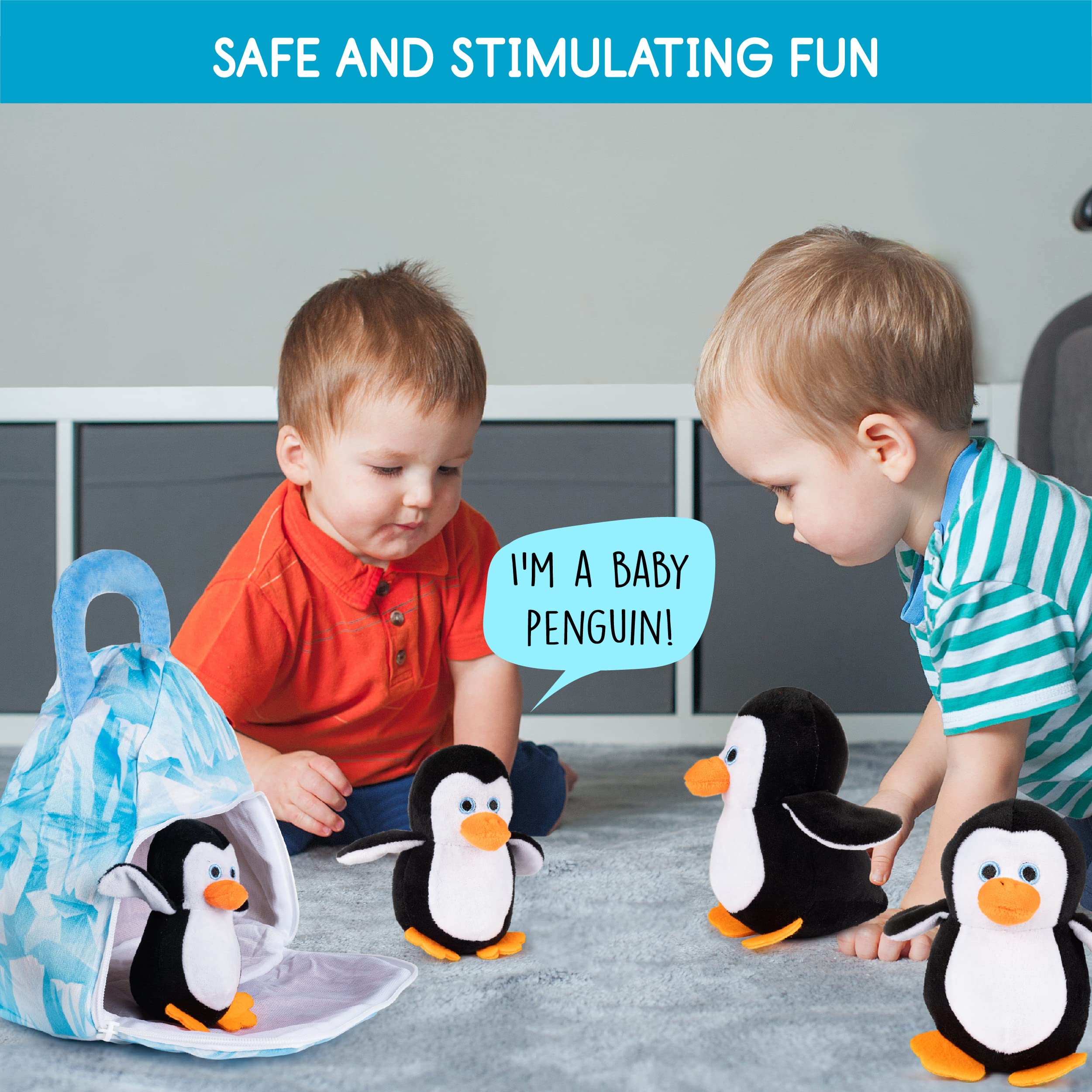 Talking Penguins Plush Toy Set | Includes 4 Talking Soft Plush Penguins with A Plush Glacier Shaped Carrier | Talking Animal Toys | Great Gift for Baby and Toddler Boys or Girls