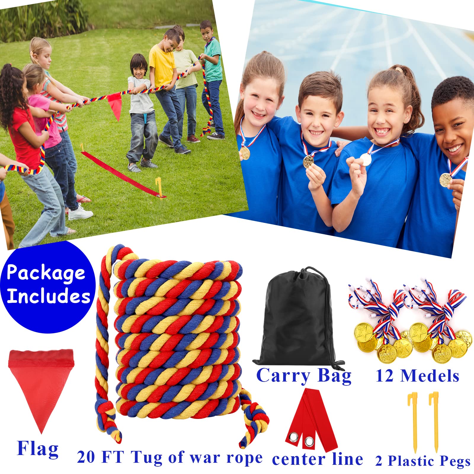 Field Day Tug of War Rope for Kids and Adults, Outdoor Lawn Yard Family Reunion Birthday Party Games, Outside Backyard Camping Picnic Games, Backyard Carnival Games Fun for Team Building Activities