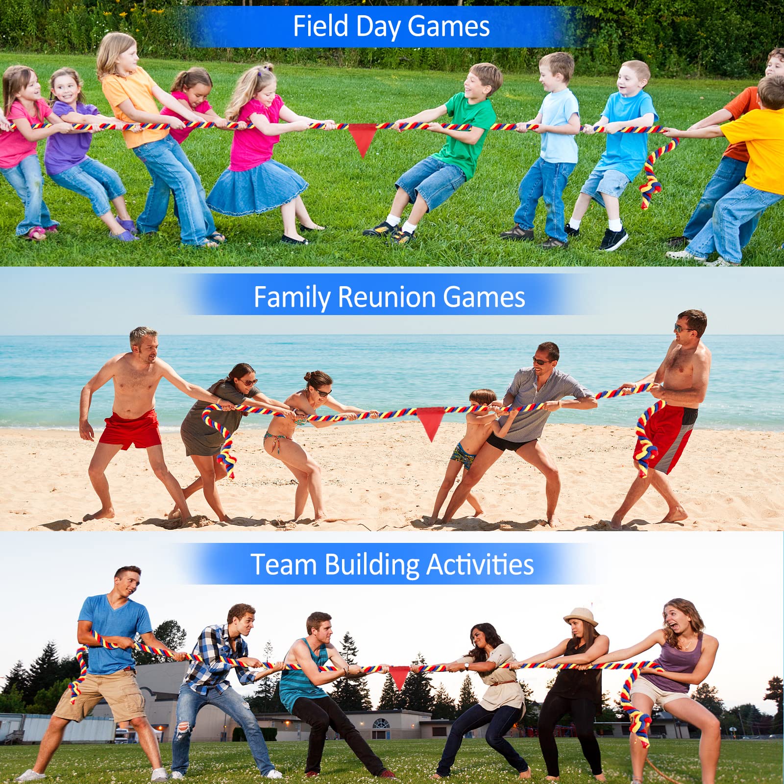 Field Day Tug of War Rope for Kids and Adults, Outdoor Lawn Yard Family Reunion Birthday Party Games, Outside Backyard Camping Picnic Games, Backyard Carnival Games Fun for Team Building Activities