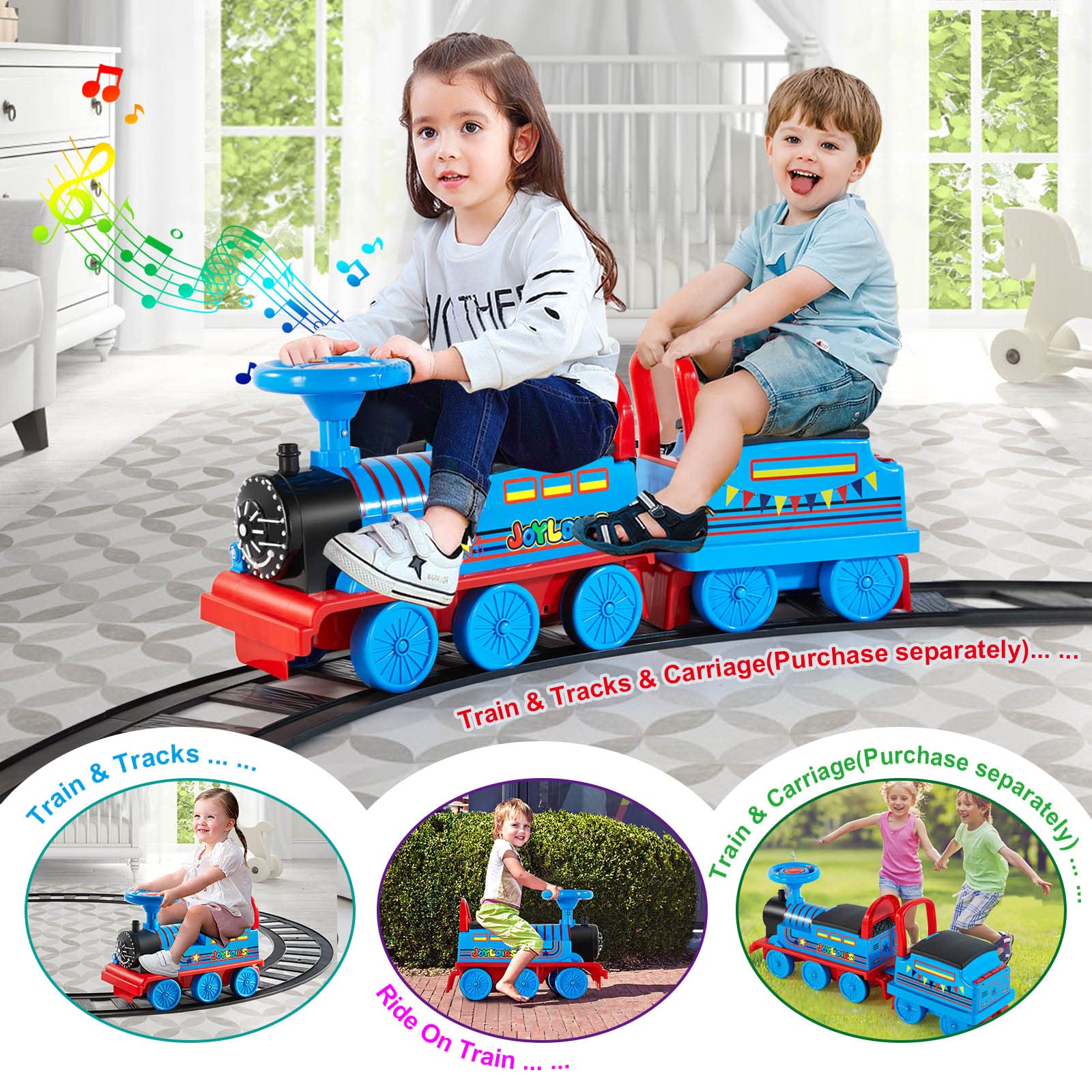 JOYLDIAS Ride On Train with 16pcs Curved Tracks, 6V Electric Ride On Toy Trains with Lights, Horns, Storage, Retractable Foot Pedals, Gift for Toddlers Under 39 inches, Blue