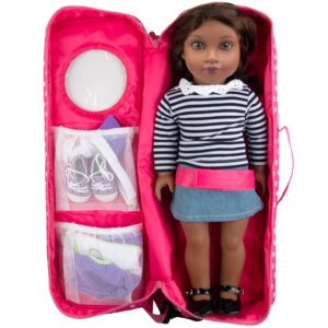 doll storage carrying case - (pink polka dot) for any 18" doll - organizer storage traveling accessories case w clear window, zipper, and carrying strap, great birthday for kids girls