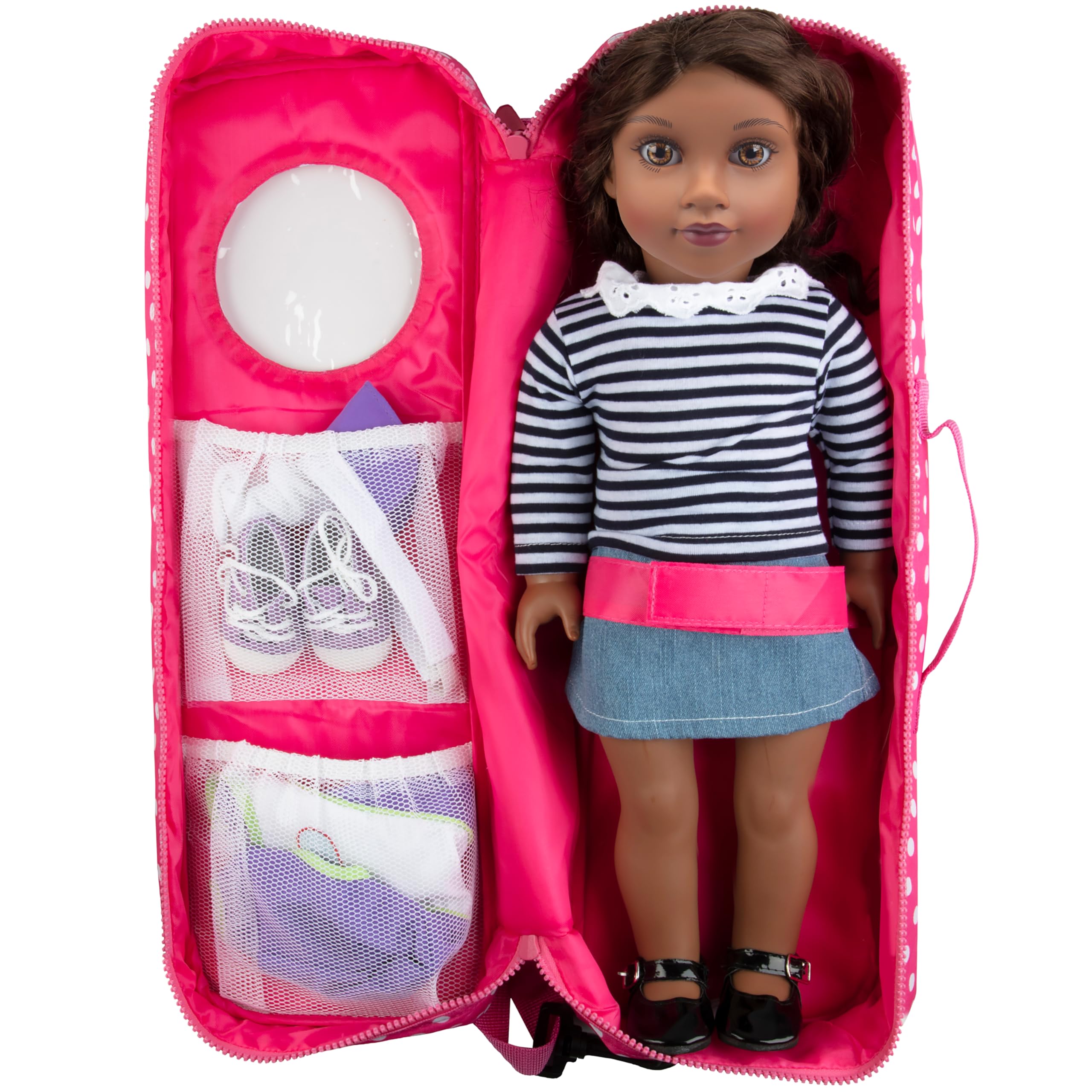 Doll Storage Carrying Case - (Pink Polka Dot) for Any 18" Doll - Organizer Storage Traveling Accessories Case w Clear Window, Zipper, and Carrying Strap, Great Birthday for Kids Girls