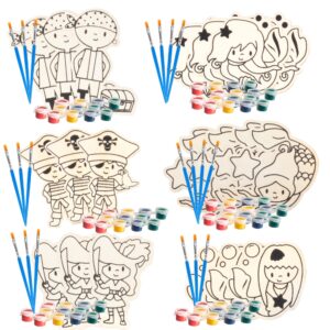 Mermaid & Pirate Wood Painting Kits (24 ct)- Perfect Goodie Bag Party Favors for Kids Birthday Party -Each has a Wood Craft, Paints, Brush & Sticker for Boys & Girls -Kids Multi-Item Party Favor Packs