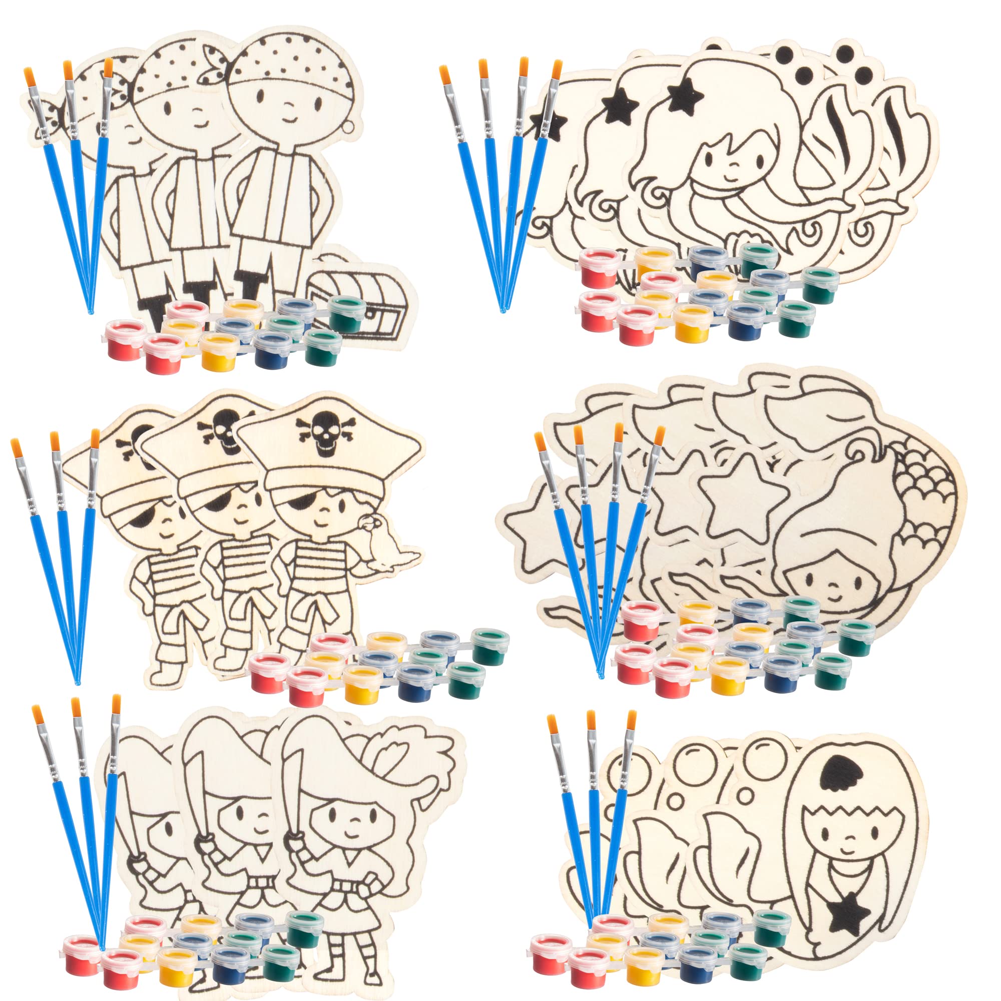 Mermaid & Pirate Wood Painting Kits (24 ct)- Perfect Goodie Bag Party Favors for Kids Birthday Party -Each has a Wood Craft, Paints, Brush & Sticker for Boys & Girls -Kids Multi-Item Party Favor Packs