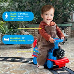 JOYLDIAS Ride On Train with 16pcs Curved Tracks, 6V Electric Ride On Toy Trains with Lights, Horns, Storage, Retractable Foot Pedals, Gift for Toddlers Under 39 inches, Blue