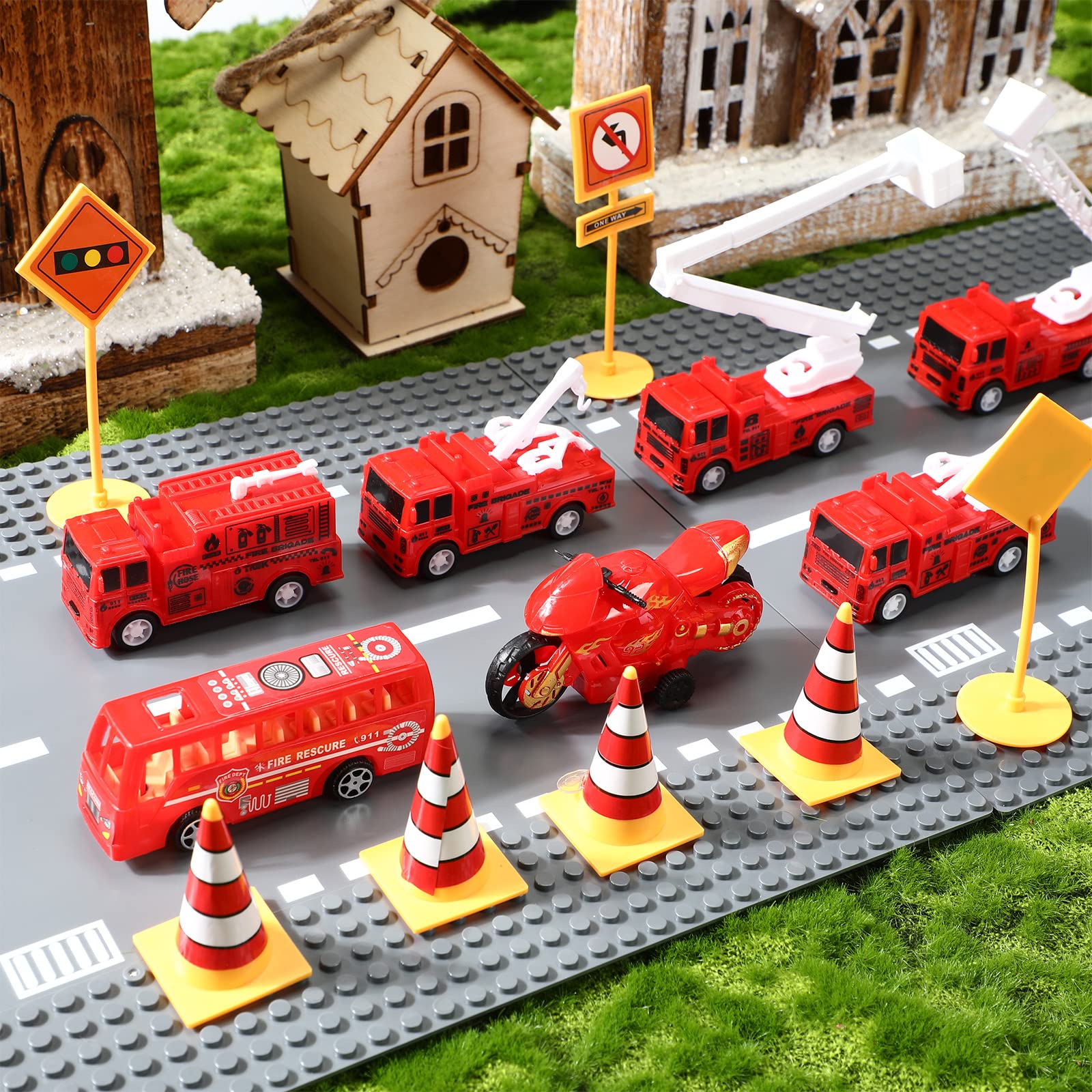 50 Pack Mini Fire Trucks Toy Bulk Firetruck Birthday Party Favor Red Vehicle Helicopter Motorcycle Party Supplies Cake Decoration and Bag Filler Gift for Kids Toddler over 6 Years, 7 Styles