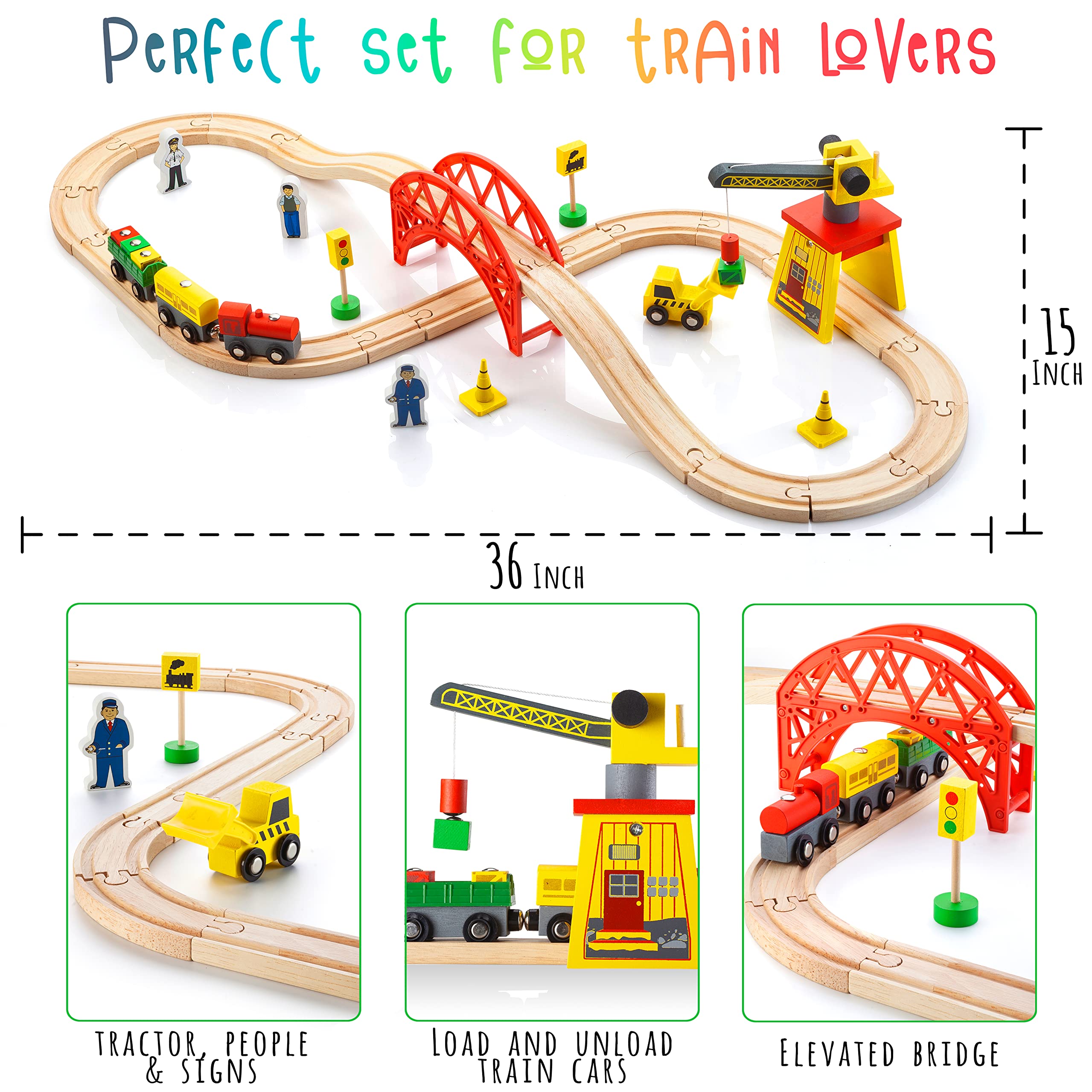 KipiPol Wooden Train Sets for Boys 2-4-7 – 38 Pcs Wood Train Set for Toddlers w/Crane, Bridge & Wooden Train Tracks – Train Toys for 3 Year Old Boys & Girls – Fits Thomas Brio IKEA Melissa and Doug